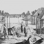 Рис. 11. Ительменское селение с летними балаганами. Рисунок XVIII в.