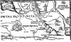 Тюмень (Чинги-Тура) на карте Сигизмунда фон Герберштейна опубликованной в 1549 году. Источник: Википедия
