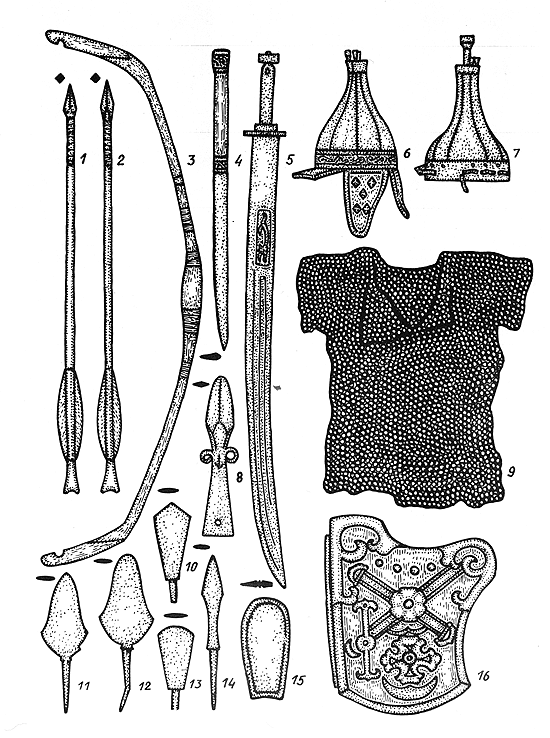 Оружие монгольских воинов: стрелы, лук, кинжал, сабля, шлемы, копье, кольчуга, наконечники стрел, наручье, колчан.